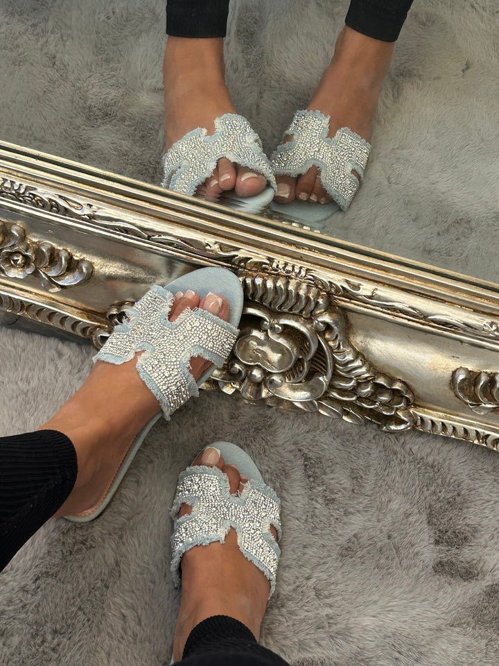 Light Blue sandals sliders with silver  rhinestone embellishments 