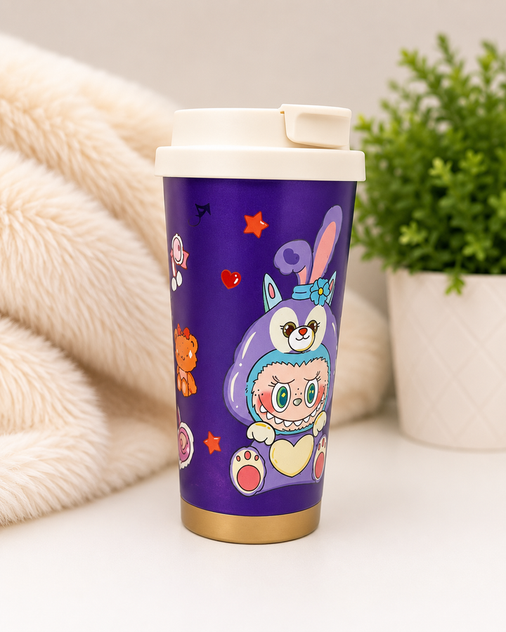 Labubu insulated travel bottle cup with flip lid in assorted colourful cartoon character designs.