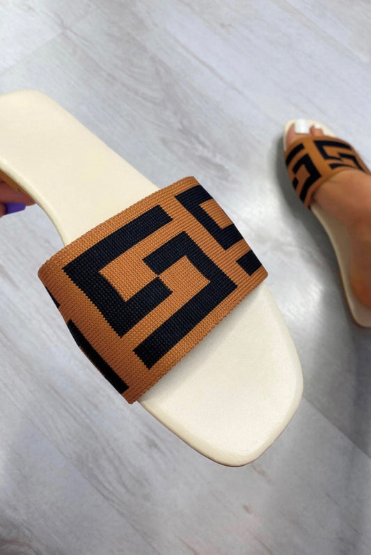 Greek print cream base sliders footwear