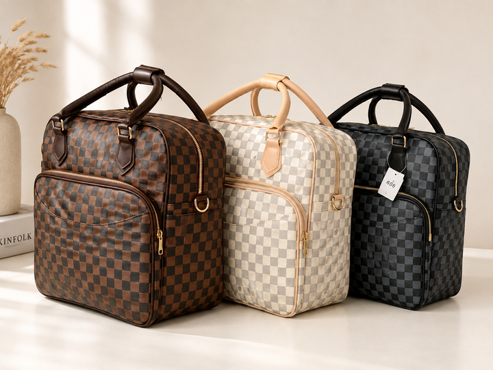 Brown, cream and black checkerboard travel holdall bags displayed together on a neutral studio background, featuring spacious zip compartments and sturdy carry handles.