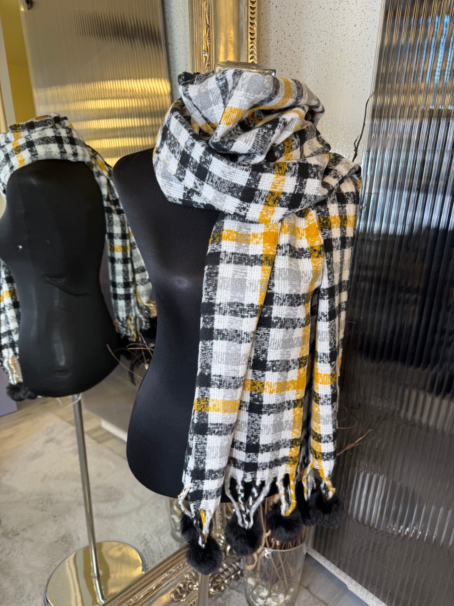 Checked Pom Pom scarf