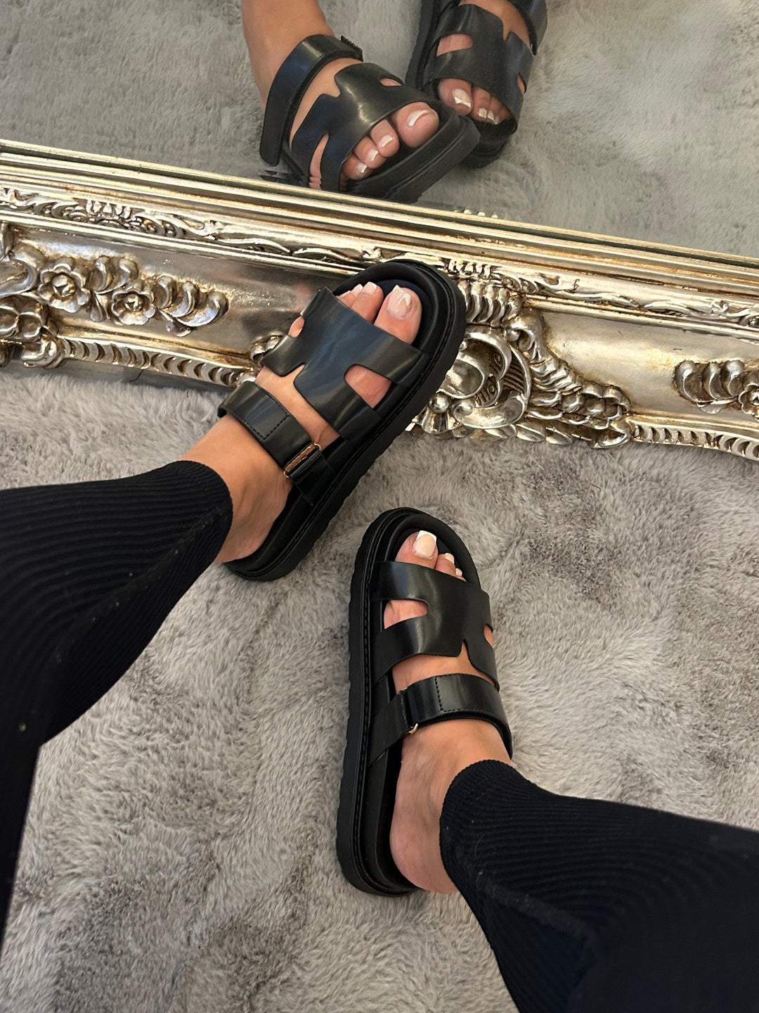 Black sandals slides with Velcro adjustable strap 