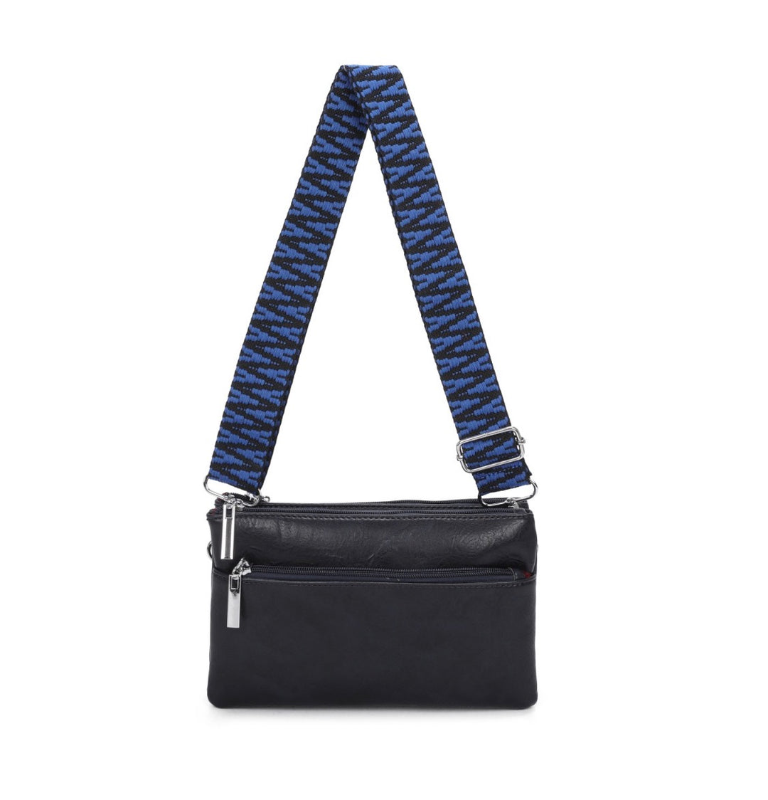 multi pocket crossbody bag with patterned adjustable shoulder strap and silver hardware.