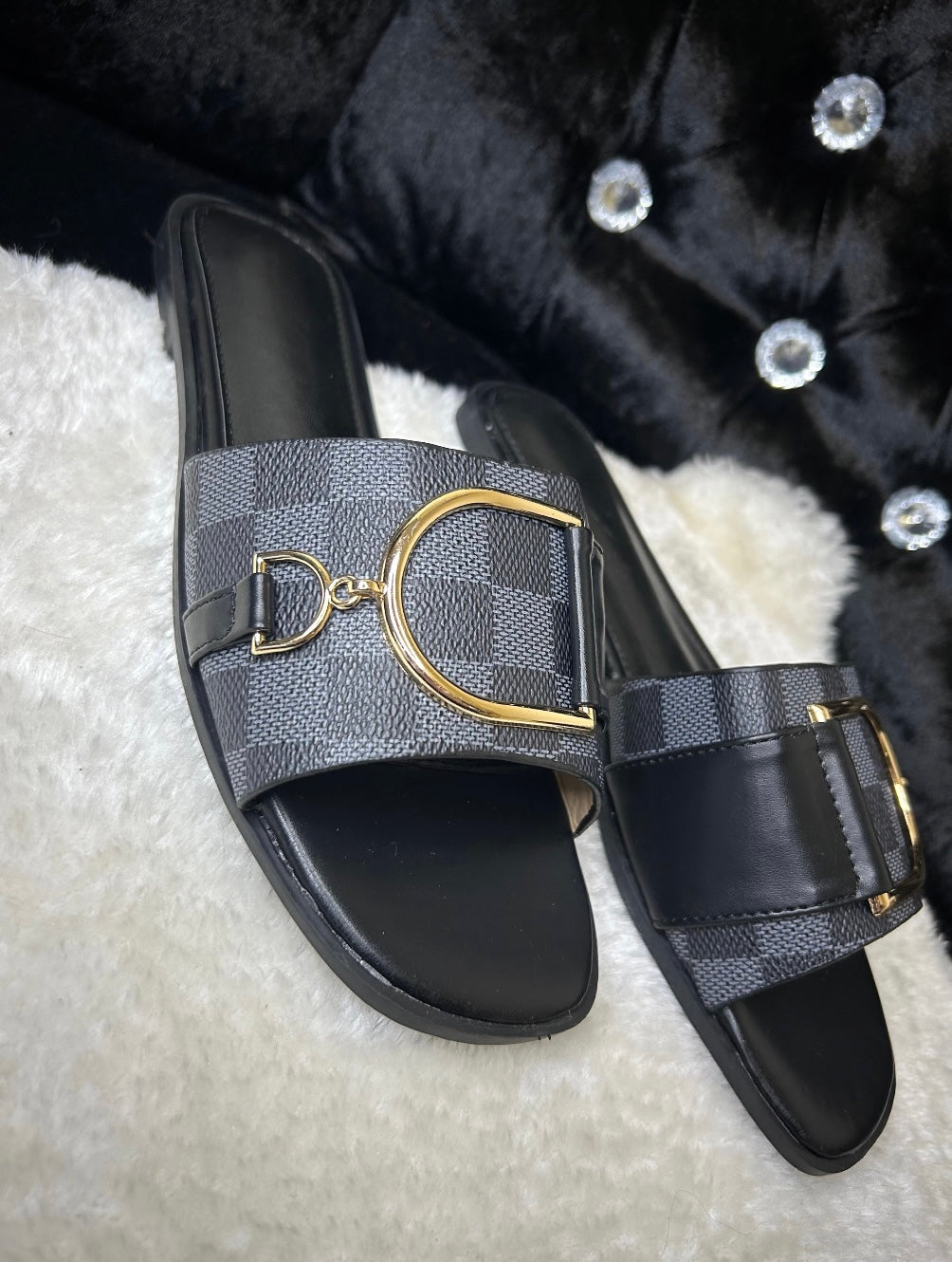 Women’s Checked Buckle Slider Sandals – Gold Detail Summer Slides
