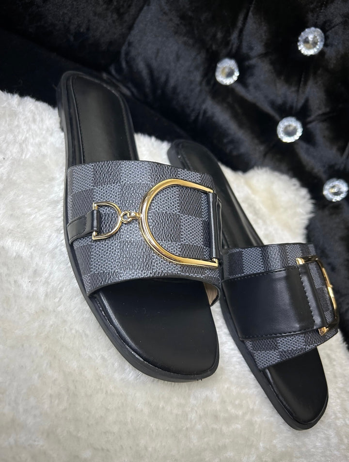 Women’s Checked Buckle Slider Sandals – Gold Detail Summer Slides