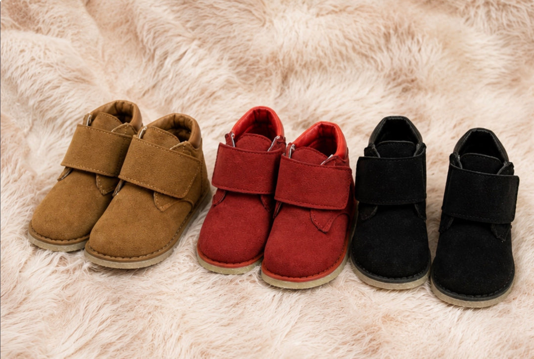 Unisex kids suede ankle boots with wide wrap fastening