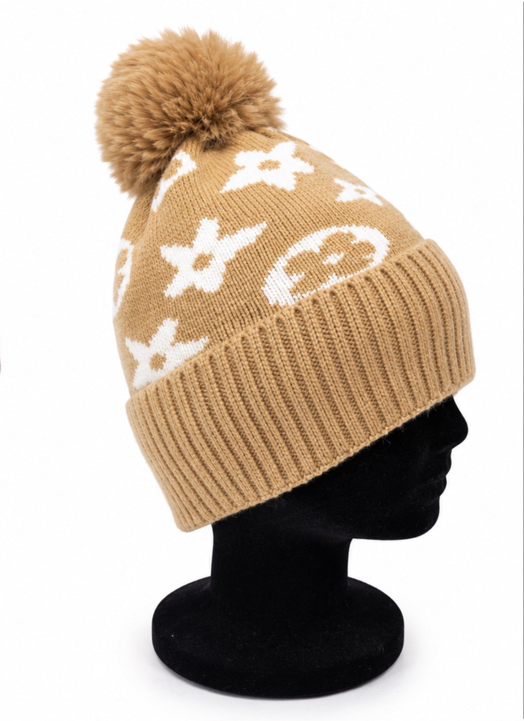 Luxury knitted pom pom winter hat with contrasting monogram-inspired print and ribbed cuff in grey and camel