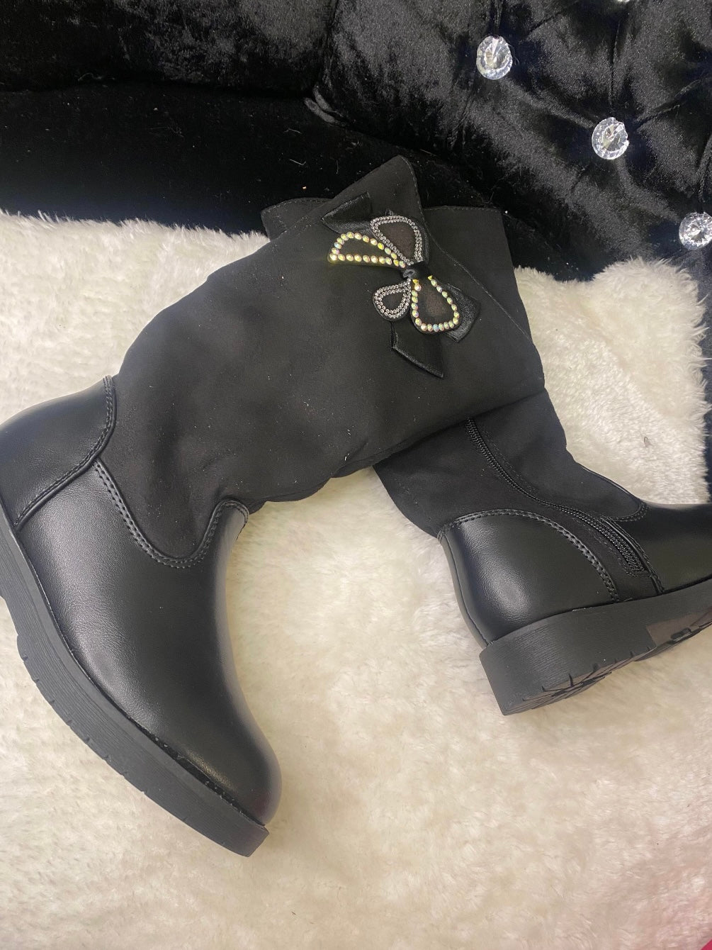 Girls knee high black boots with crystal bow detail zip up boots