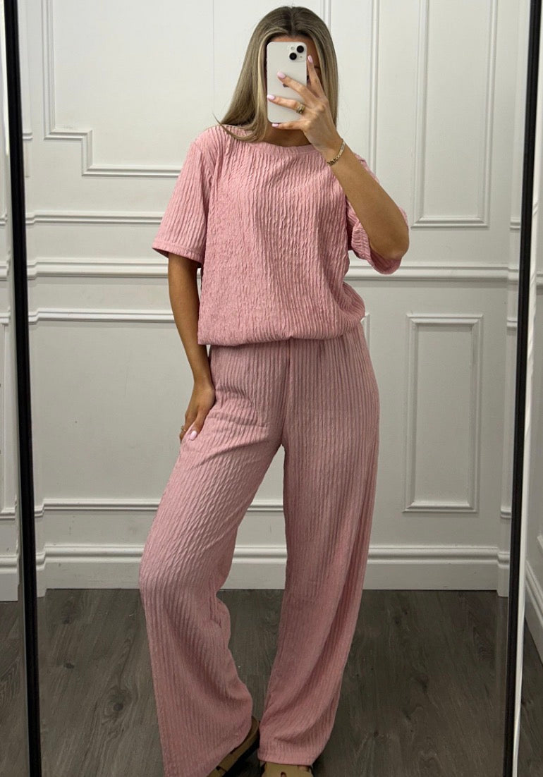 Ribbed Sleeve Top &amp; Wide Leg Trouser Co-Ord Set