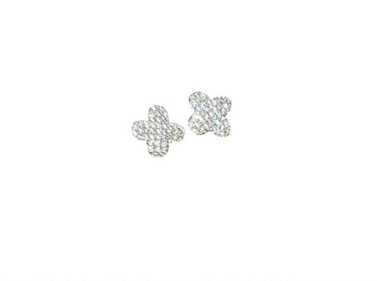 Silver crystal clip on clover earrings