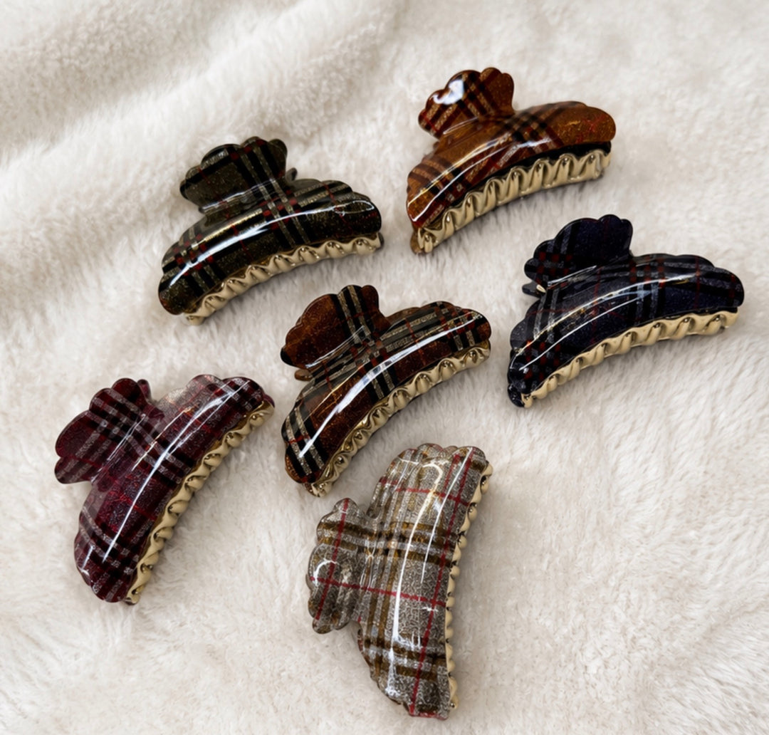 Glossy tartan plaid hair claw clip with strong spring grip 