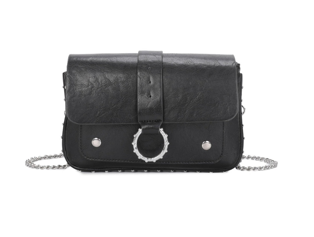 faux leather crossbody bag with silver chain strap and statement ring detail fastening.