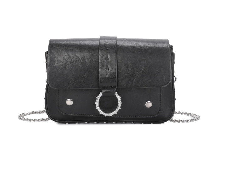 faux leather crossbody bag with silver chain strap and statement ring detail fastening.