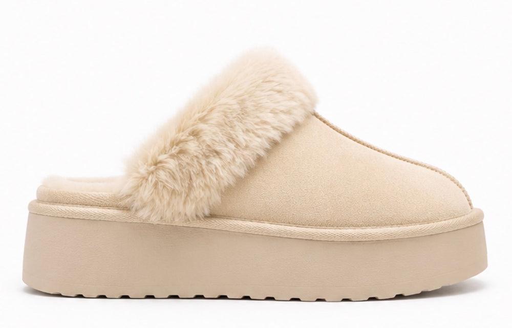 Cream cosy slip-on slippers with fluffy trim and cushioned platform sole