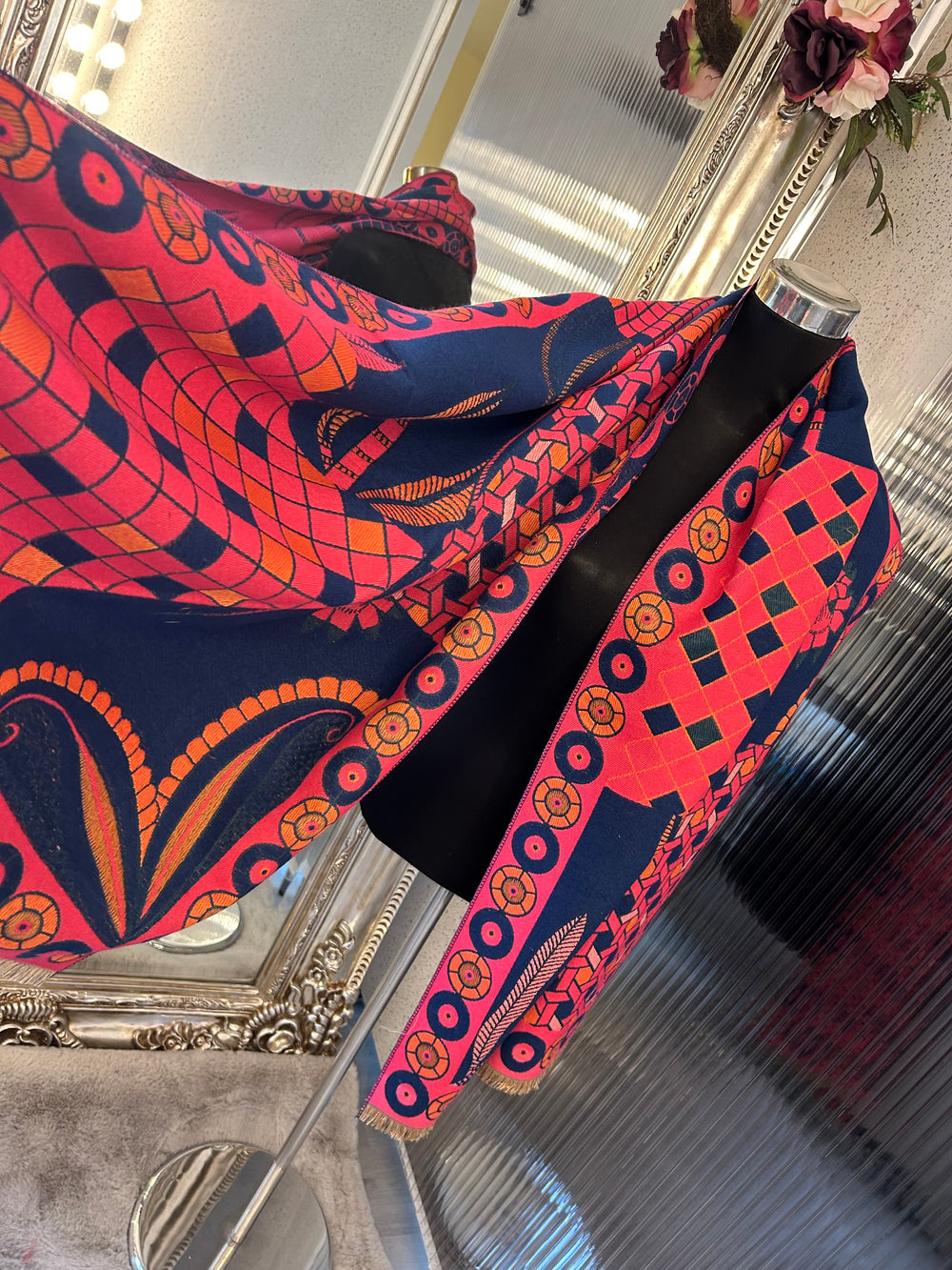 Hot pink geometric scarf with navy and orange accent 