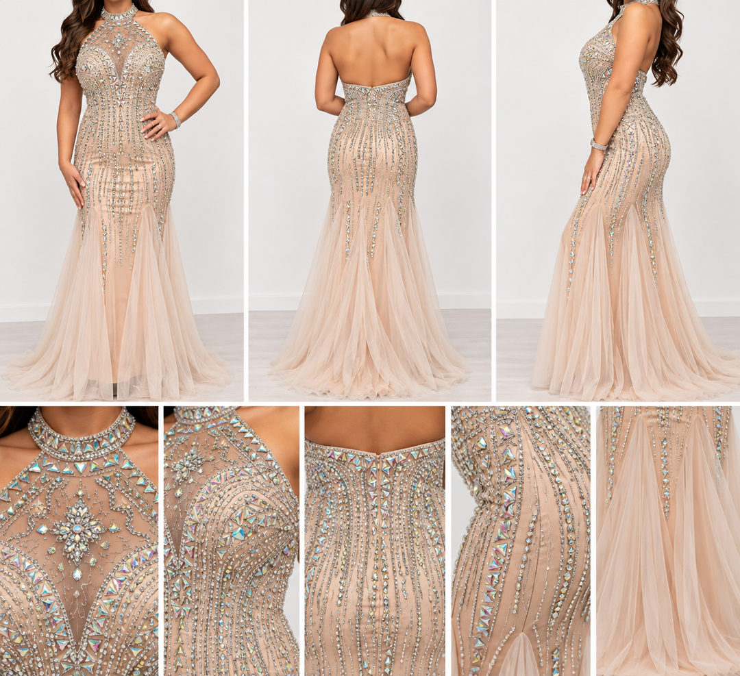 Nude crystal embellished halter neck mermaid evening dress size 12 with low back and soft tulle skirt
