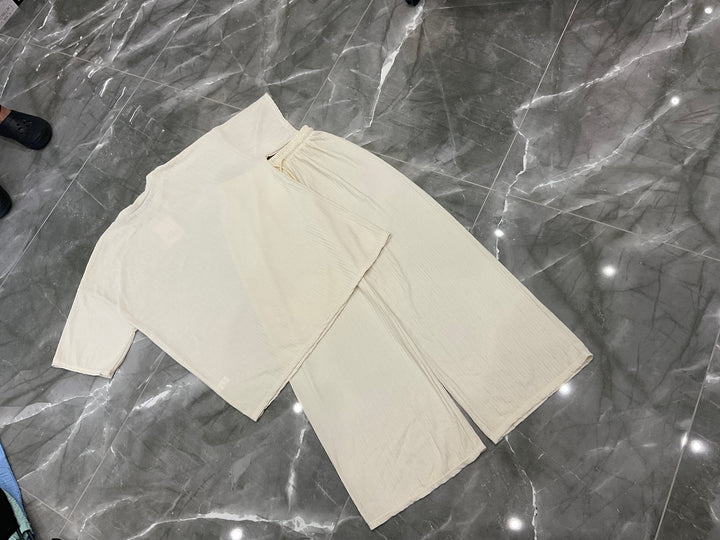 Ribbed Sleeve Top &amp; Wide Leg Trouser Co-Ord Set
