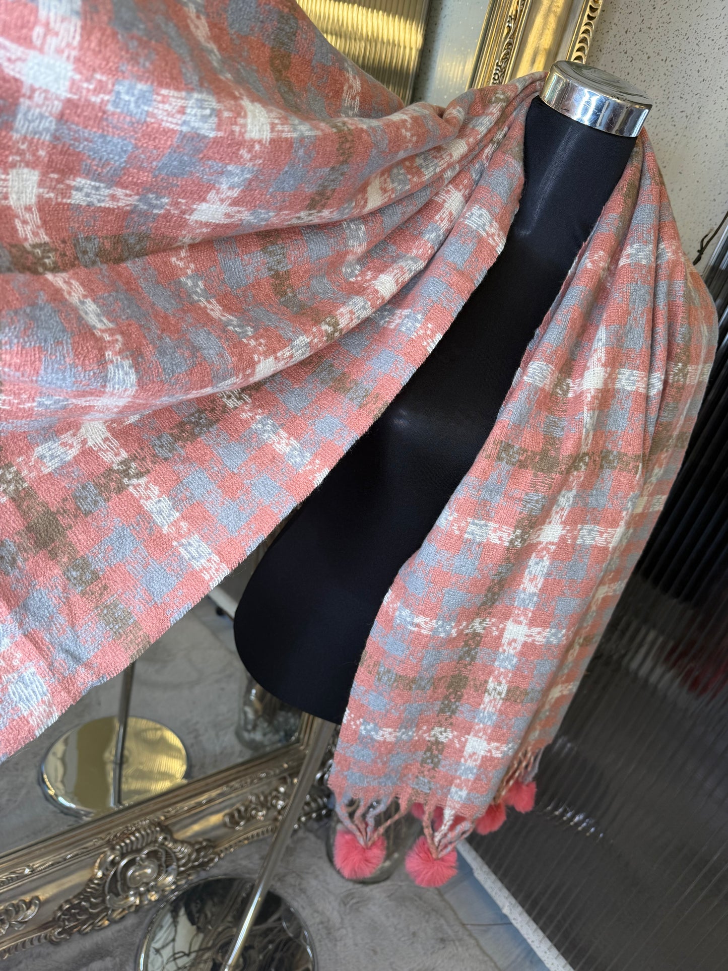 Checked Pom Pom scarf