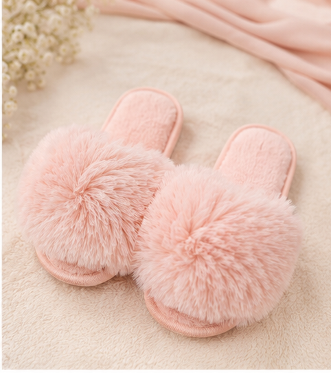 Faux fur slip on children’s slippers in blush pink 