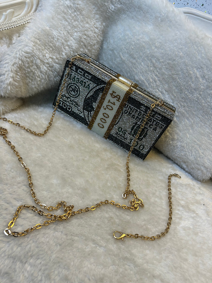 Crystal rhinestone beaded detailed chain strap money clutch bag 