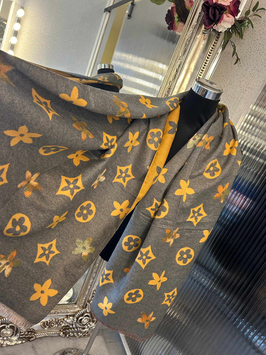 floral patterned scarf in grey and mustard large flower monogram 