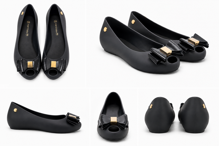 Women’s black jelly-style flats with decorative bow front