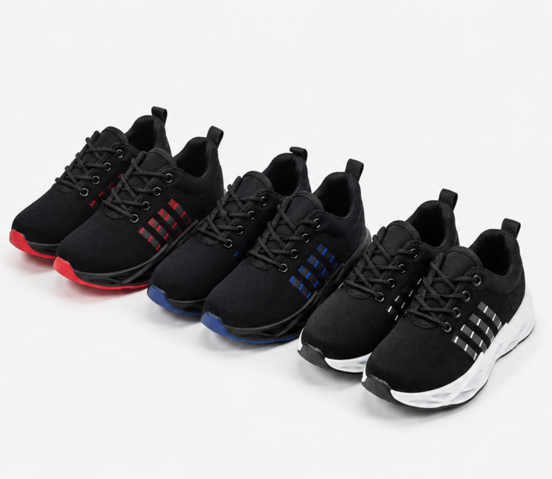 Assortment of little kids' lace-up trainers in black, red, and blue colours 
