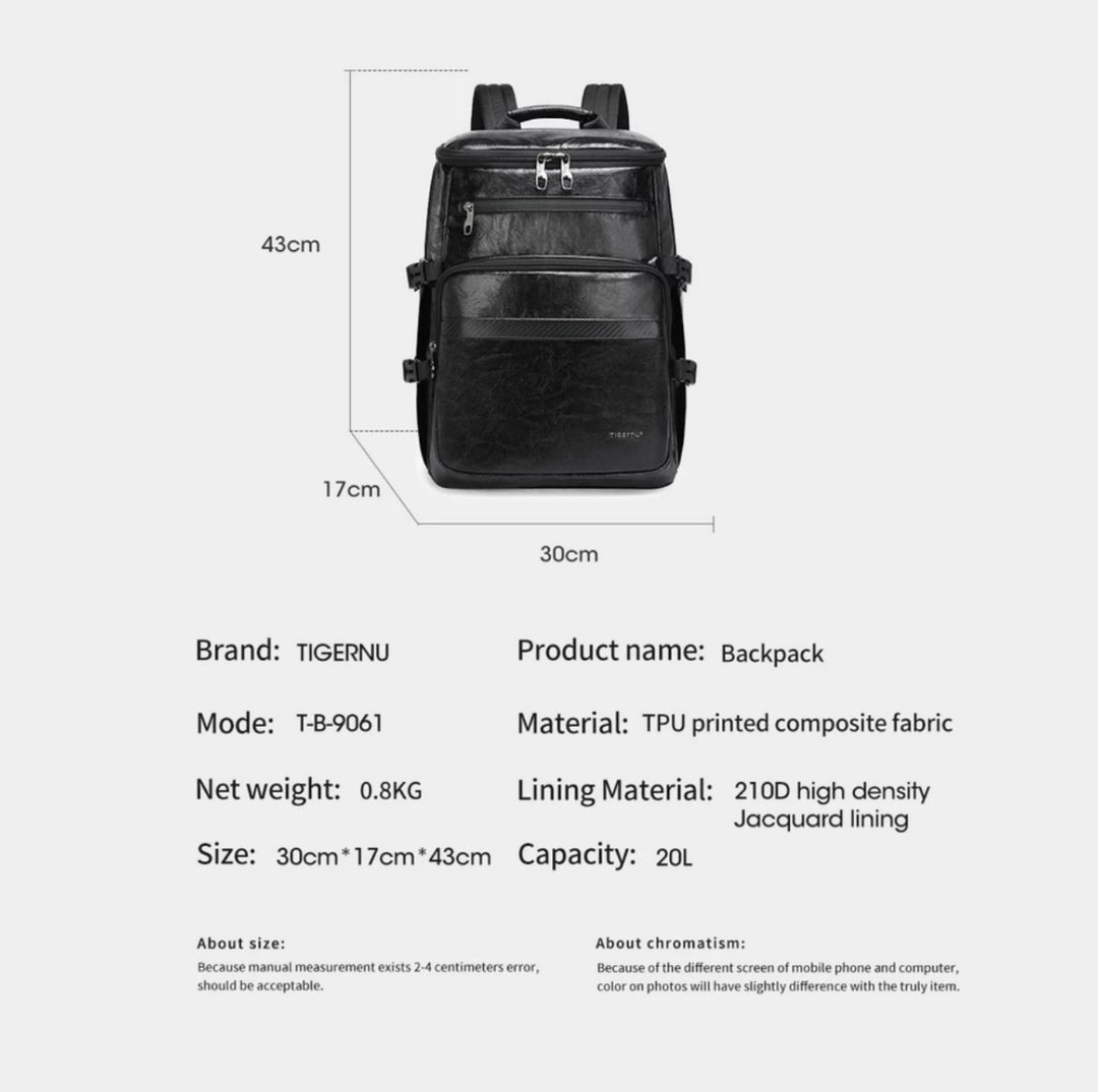 large black leather-look backpack with multiple zip compartments, adjustable straps and modern design, practical travel and work bag