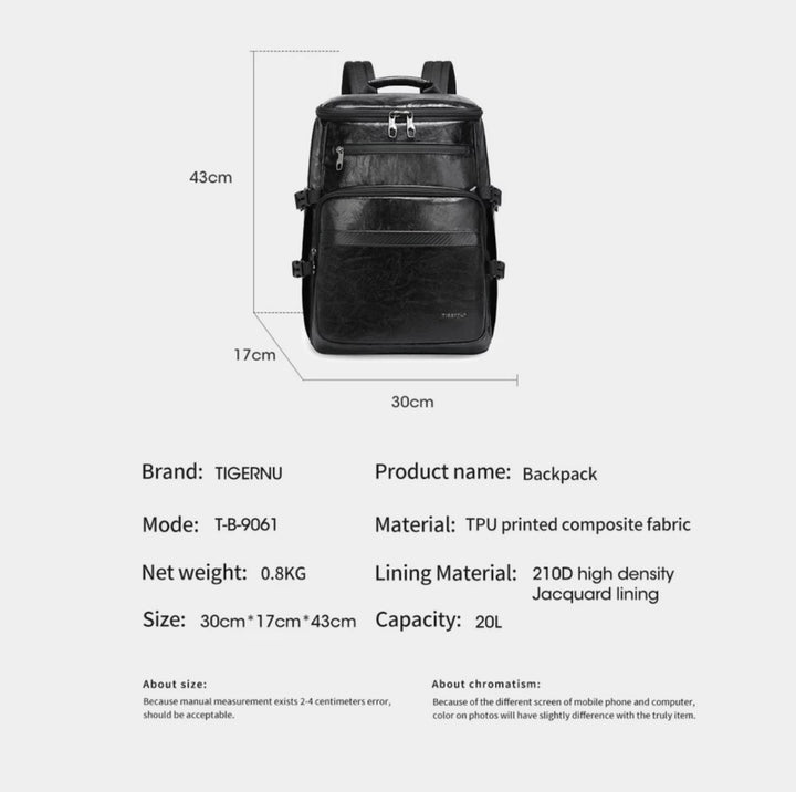 large black leather-look backpack with multiple zip compartments, adjustable straps and modern design, practical travel and work bag
