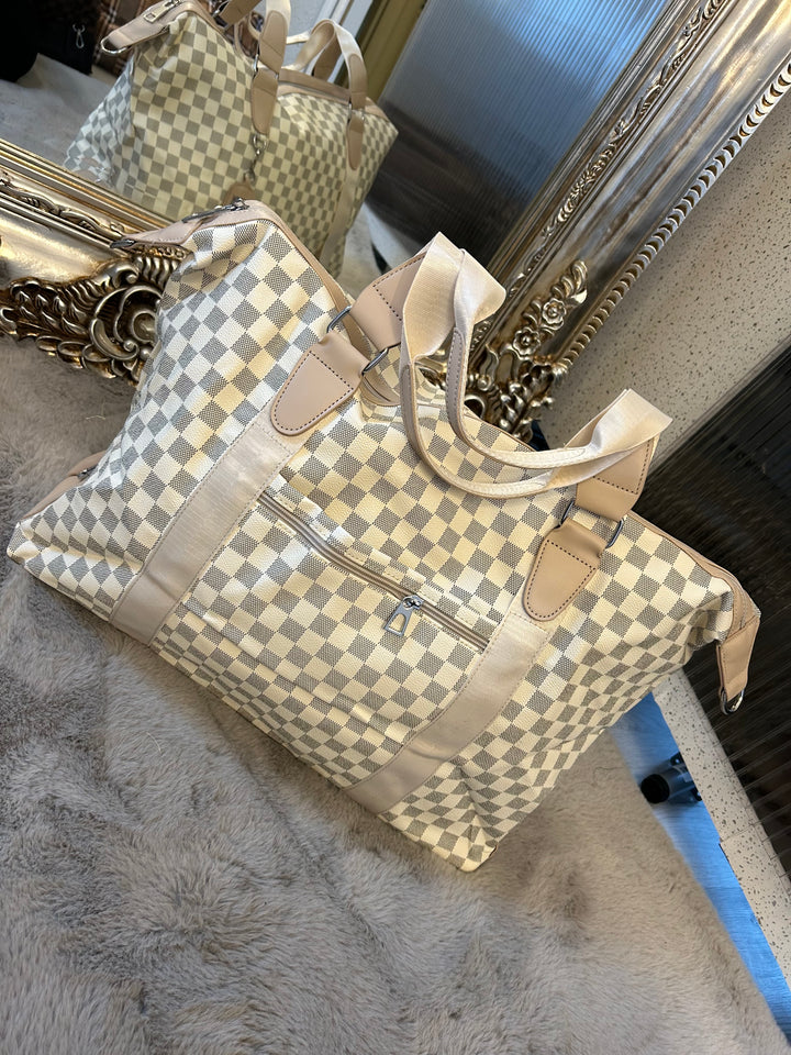 White checked detail, large holdall luggage travel bag with silver hardware
