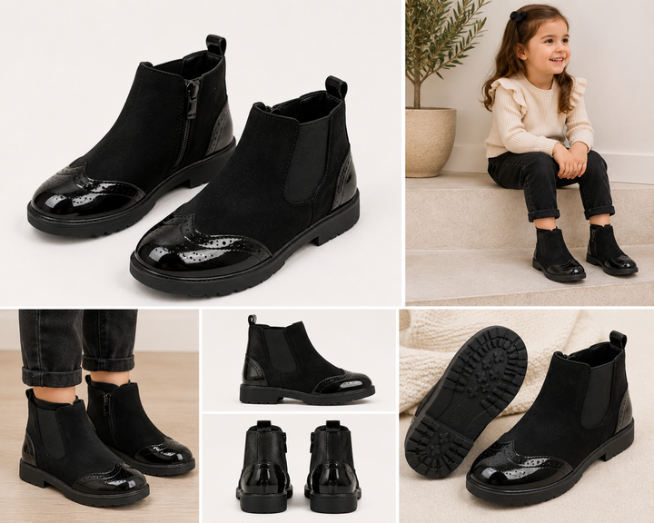 Black kids ankle boots with glossy patent toe cap and heel detail