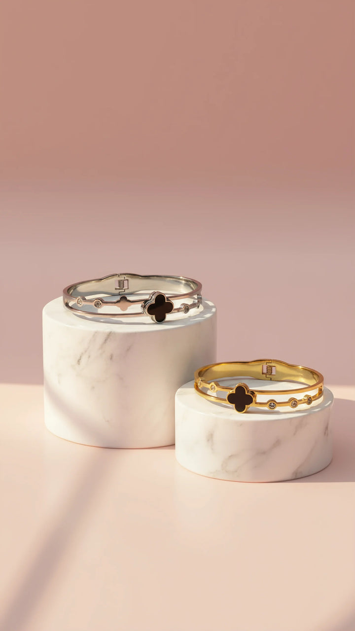 Stainless Steel Black Clover &amp; Crystal Stacking Bangle