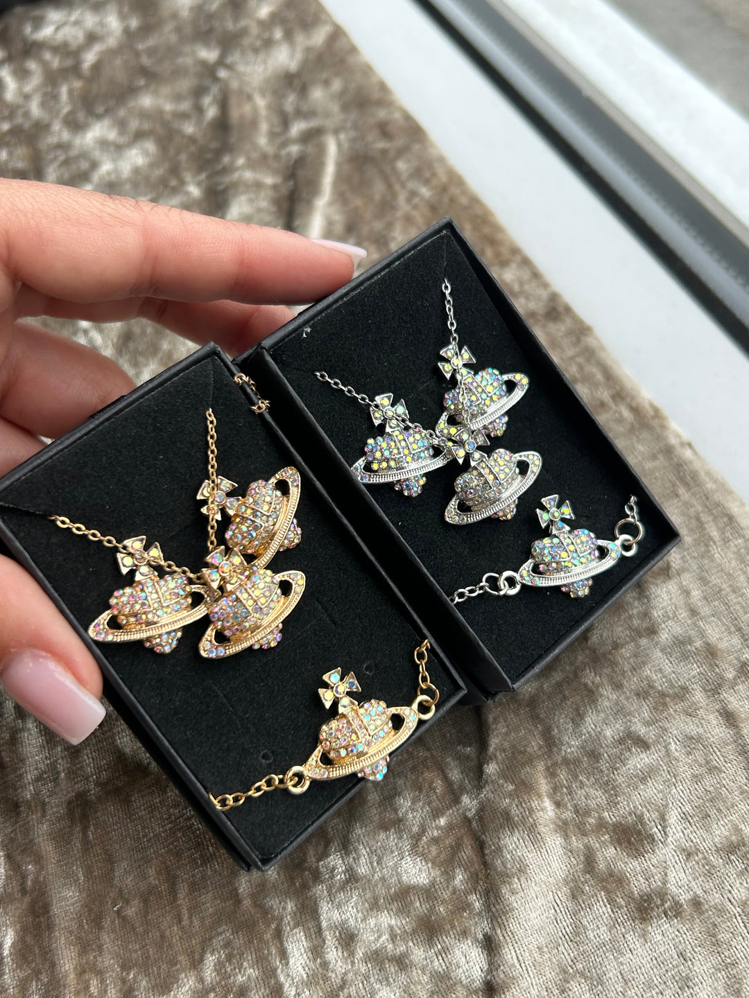 Gold and silver holographic crystal detail jewellery set necklace bracelet and earrings 