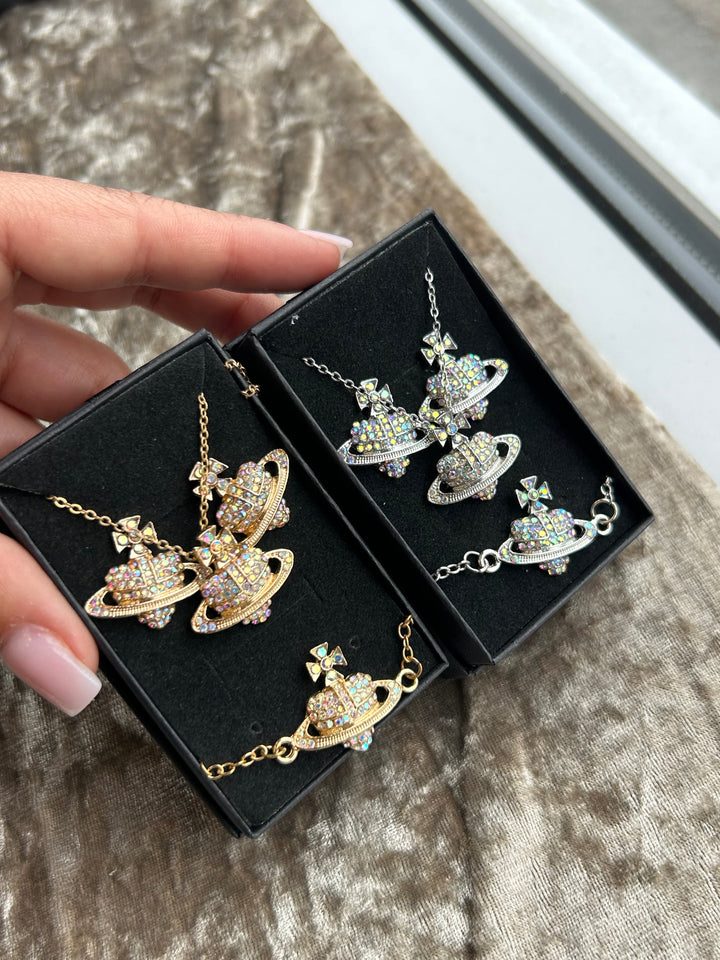 Gold and silver holographic crystal detail jewellery set necklace bracelet and earrings 
