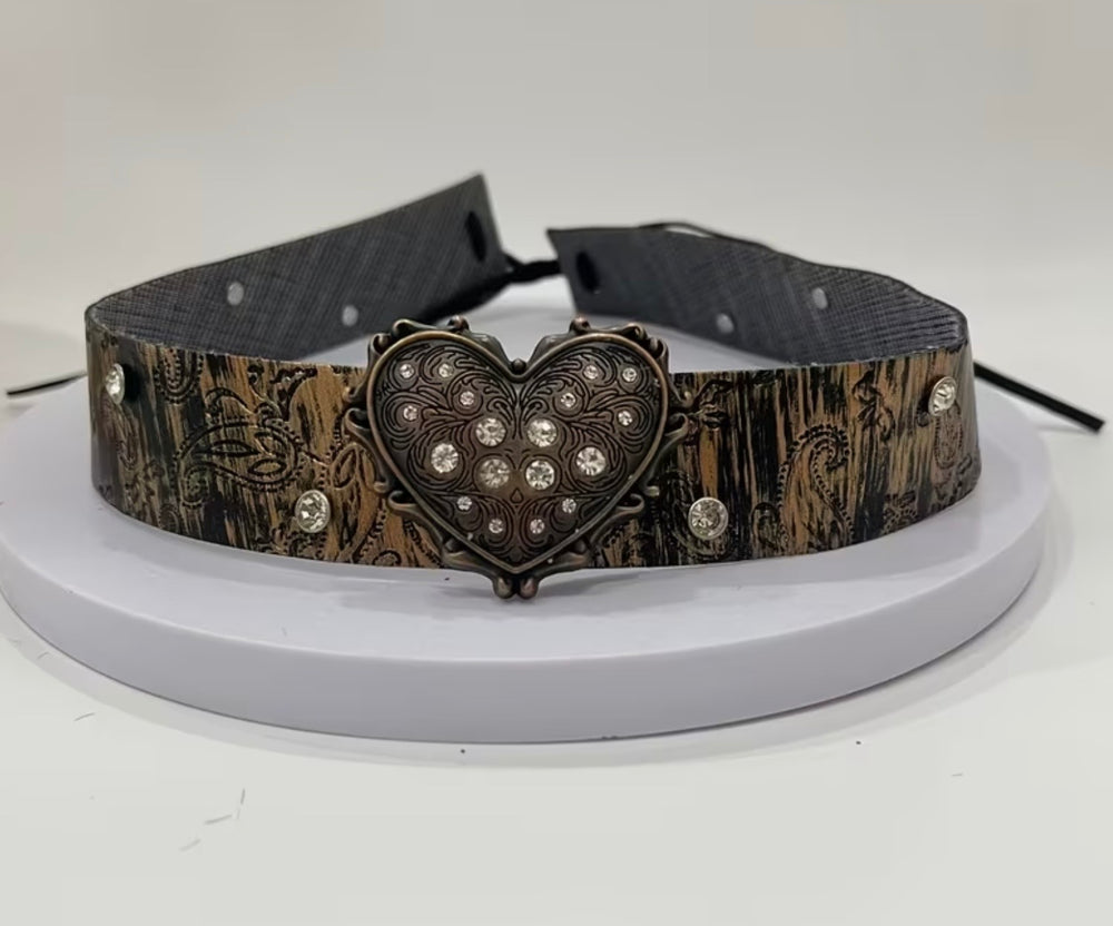 Two brown Western rhinestone heart cowboy hat bands with adjustable tie fastening, hats not included