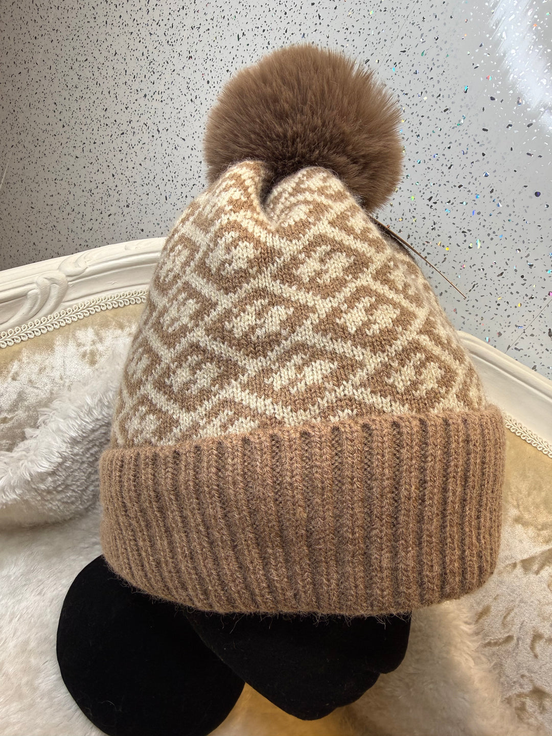 Beige fur lined hat