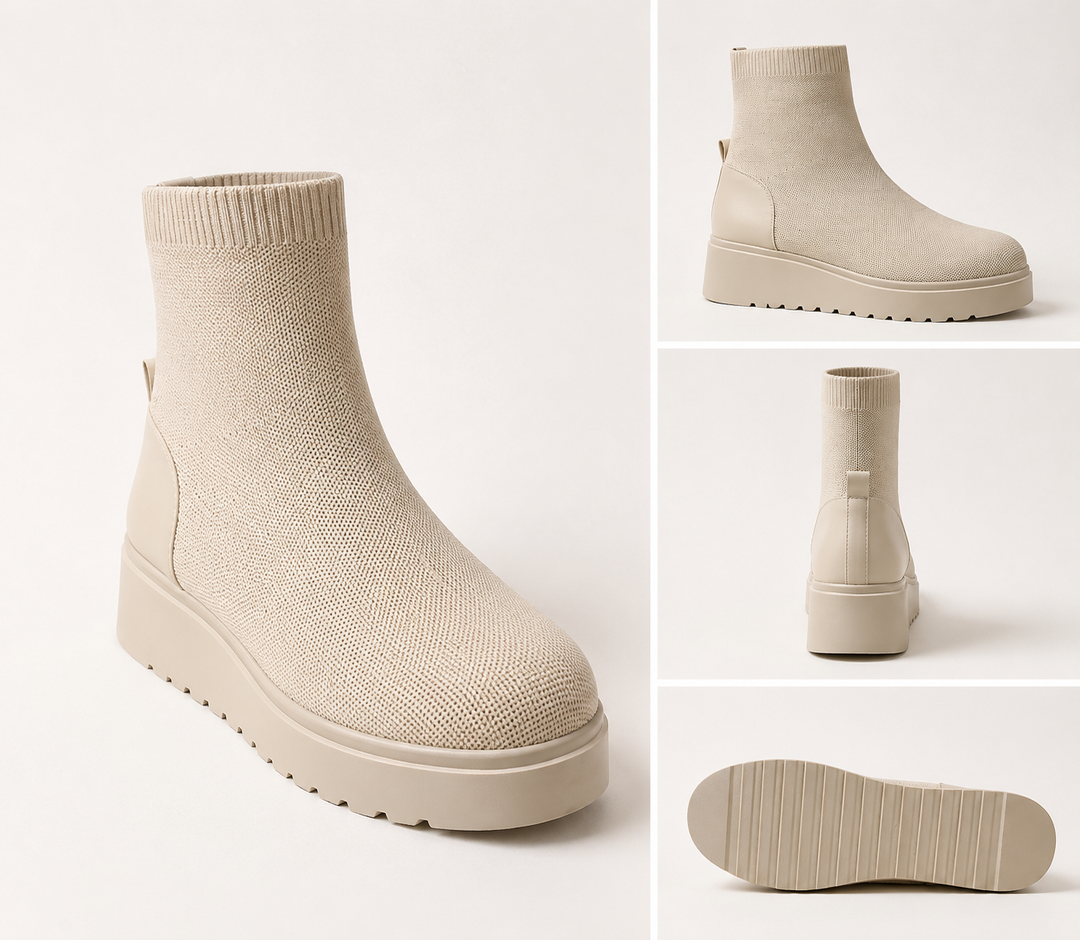 Cream knitted sock ankle boots with chunky platform sole and stretch ribbed cuff detail 