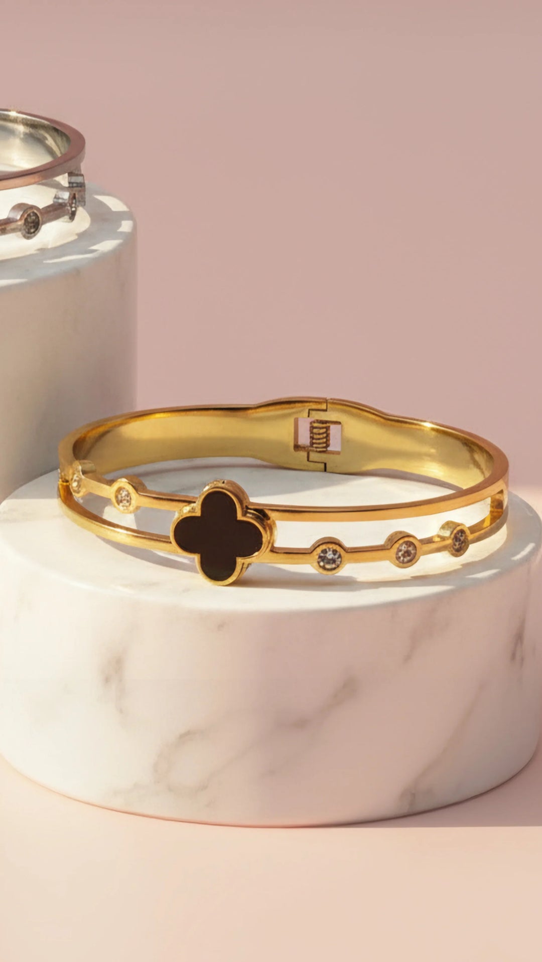 Stainless Steel Black Clover &amp; Crystal Stacking Bangle