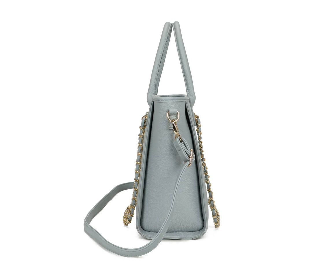 Gray handbag with a gold chain detail 