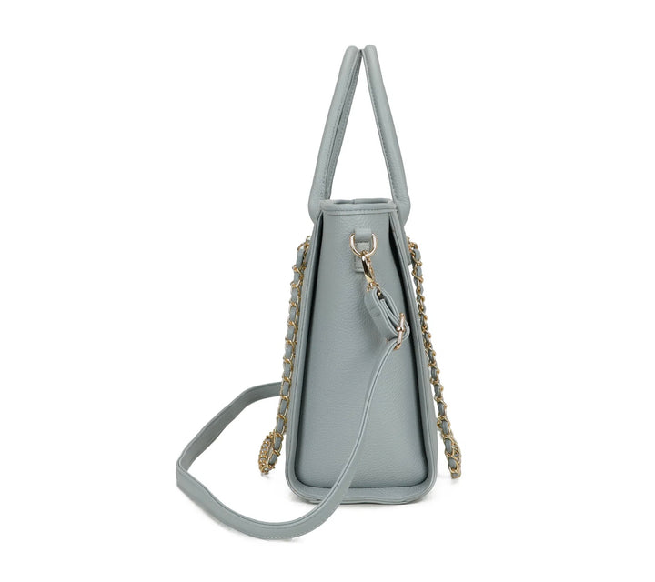 Gray handbag with a gold chain detail 