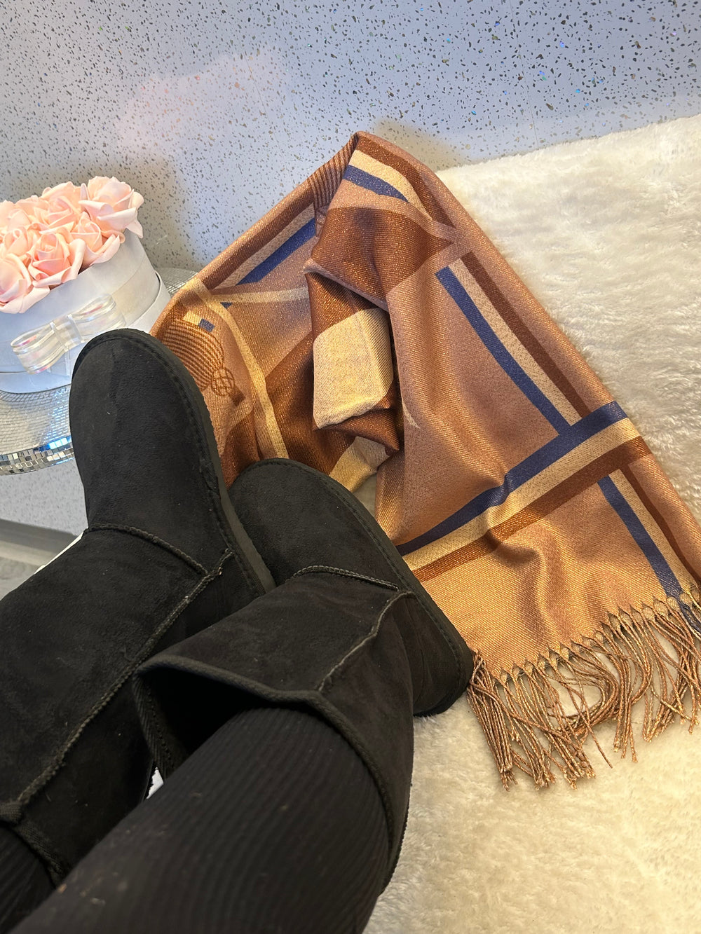 Women’s boot and scarf bundle set, cosy winter outfit with boots and matching scarf
