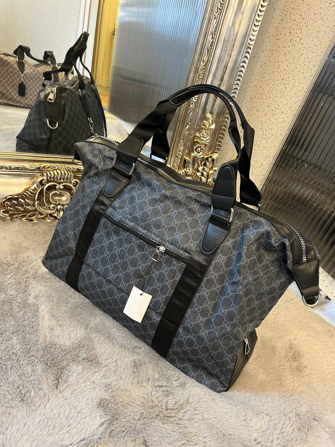 Black checked detail, large holdall luggage travel bag with silver hardware