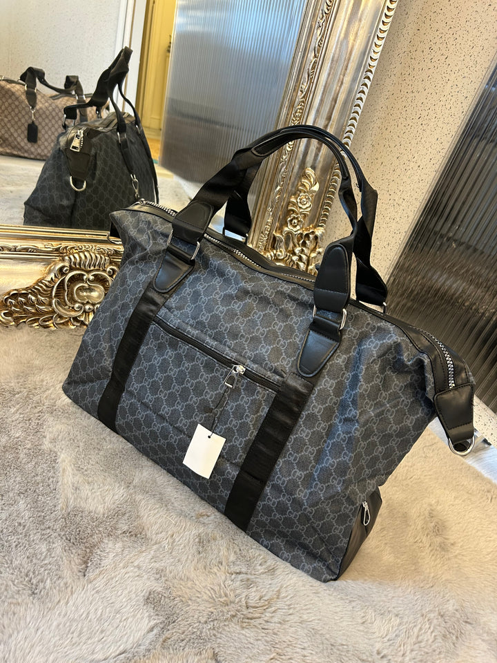 Black checked detail, large holdall luggage travel bag with silver hardware