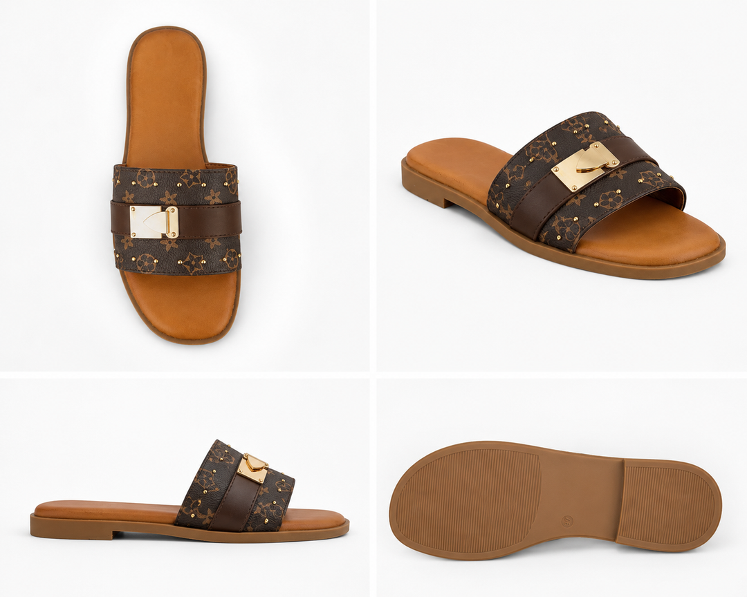 Brown Monogram Buckle Sliders – Designer Style Summer Sandals