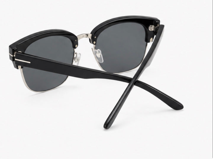 Black and silver semi-rimless square sunglasses with dark smoke lenses and silver detail accents