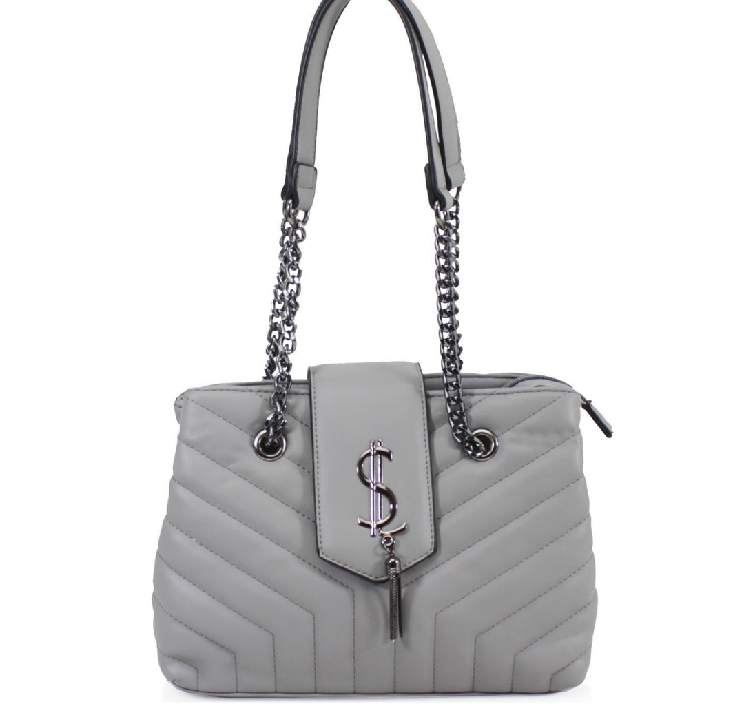Grey quilted medium size handbag with metal hardware, chain straps and flap closure