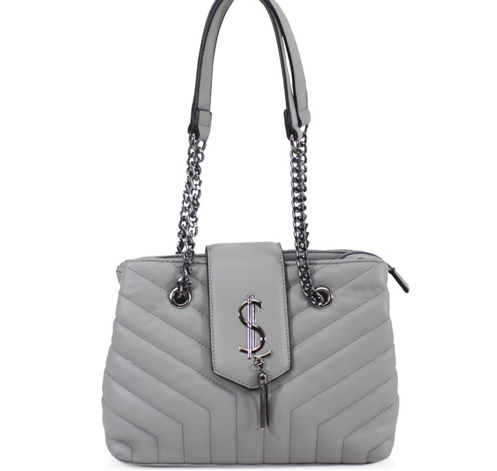 Grey quilted medium size handbag with metal hardware, chain straps and flap closure