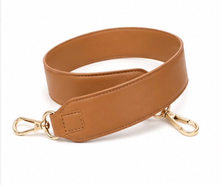 Tan handbag strap with gold hardware
