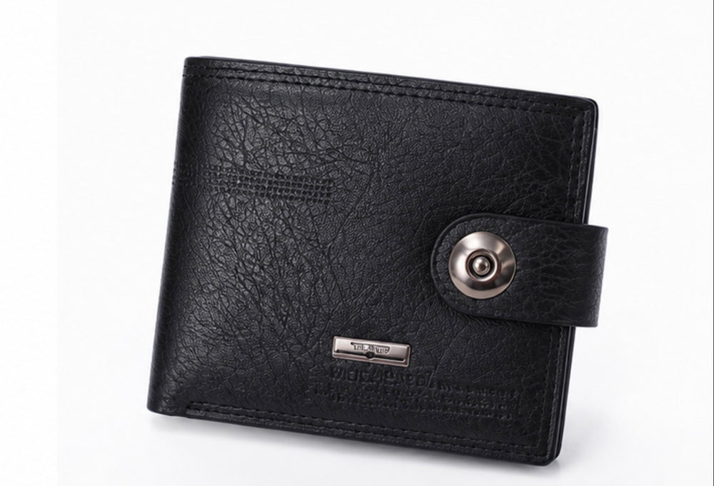Black men’s leather-look bifold wallet with popper fastening, multiple card slots, zipped coin pocket and ID window