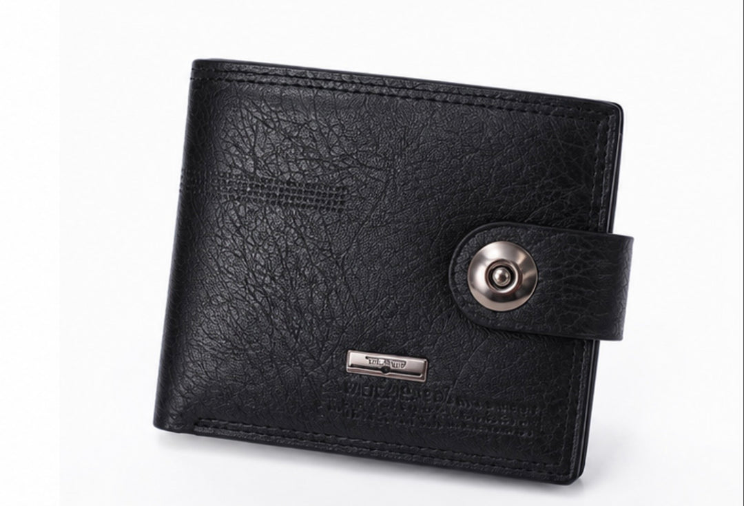 Black men’s leather-look bifold wallet with popper fastening, multiple card slots, zipped coin pocket and ID window